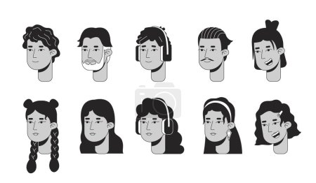 Illustration for Generations hispanic black and white 2D line cartoon character faces set. Latin american isolated vector outline heads people. Different ages and genders monochromatic flat spot illustration bundle - Royalty Free Image