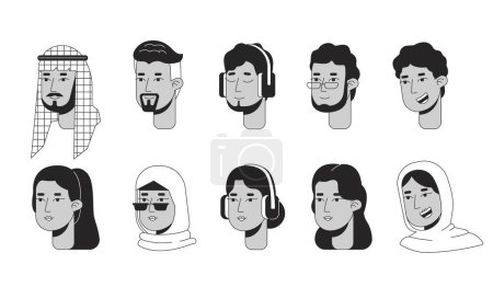 Illustration for Arab middle eastern black and white 2D line cartoon character faces set. Saudi man, turkish women isolated vector outline heads people. Modern muslim monochromatic flat spot illustration bundle - Royalty Free Image