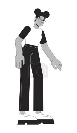 Illustration for African american young woman pointing down black and white 2D line cartoon character. Black girl pointing downward isolated vector outline person. Recommending monochromatic flat spot illustration - Royalty Free Image