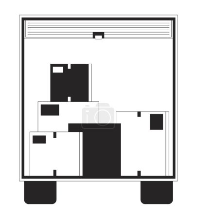 Illustration for Moving truck back black and white 2D line cartoon object. Moving van boxes isolated vector outline item. Delivery van. Relocation cardboard boxes inside trunk monochromatic flat spot illustration - Royalty Free Image