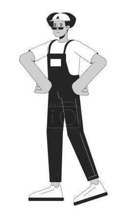 Illustration for Confident standing delivery man hispanic black and white 2D line cartoon character. Latinamerican male professional packer isolated vector outline person. Moving monochromatic flat spot illustration - Royalty Free Image