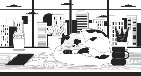 Illustration for Cityscape sunset cozy desk with sleeping cat black and white lofi wallpaper. Table kitten sleepy 2D outline character cartoon flat illustration. Hygge office vector line lo fi aesthetic background - Royalty Free Image