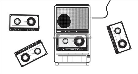 Illustration for Old fashioned player cassette tapes black and white lofi wallpaper. Portable device vintage 2D outline objects cartoon flat illustration. Retro record music 80s vector line lo fi aesthetic background - Royalty Free Image