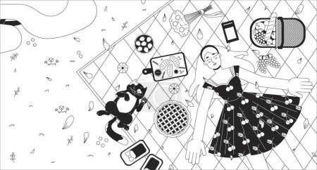 Illustration for Blanket picnic girl cat black and white lofi wallpaper. Sakura petals falling on young woman 2D outline top view character cartoon flat illustration. Springtime vector line lo fi aesthetic background - Royalty Free Image