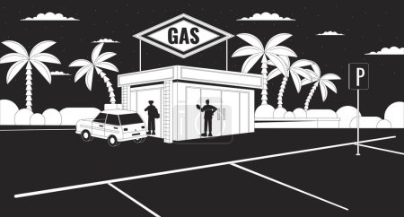 Illustration for Silhouettes at gas station nighttime black and white lofi wallpaper. People inside convenience store 2D outline cityscape cartoon flat illustration. Parking lot vector line lo fi aesthetic background - Royalty Free Image