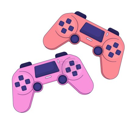 Illustration for Joysticks two players 2D linear cartoon object. Playing together on gamepads isolated line vector element white background. Competitive video gaming friends devices color flat spot illustration - Royalty Free Image