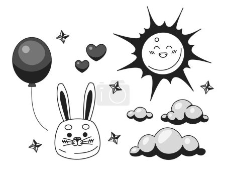 Illustration for Childish decorations black and white 2D illustration concept. Newborn baby boy and girl card isolated cartoon outline scene. Happy sun, fluffy clouds, cute bunny metaphor monochrome vector art - Royalty Free Image