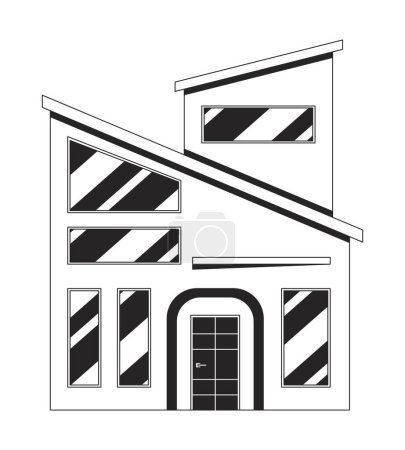 Ilustración de Casa moderna con techo inclinado blanco y negro 2D línea objeto de dibujos animados. Mansión inmobiliaria aislado vector contorno elemento. Edificio exterior de lujo. Hogar residencial ilustración plana monocromática - Imagen libre de derechos