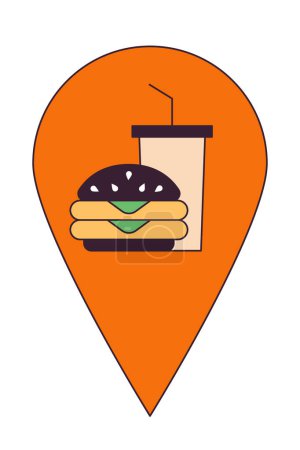 Illustration for Fast food restaurant map pinpoint 2D linear cartoon object. Fastfood building location mark isolated line vector element white background. Hamburger stand pin mapping color flat spot illustration - Royalty Free Image