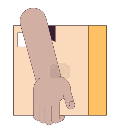 Ilustración de Mano afroamericana sosteniendo parcela ilustración de mano de personaje de dibujos animados lineales. Caja de cartón con contorno de imagen vectorial 2D, fondo blanco. Mover actividad editable clipart de color plano - Imagen libre de derechos