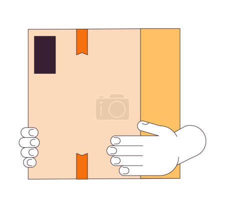 Illustration for Caucasian hands holding cardboard box linear cartoon character hands illustration. Carrying parcel delivery outline 2D vector image, white background. Moving house editable flat color clipart - Royalty Free Image