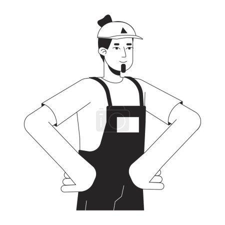 Illustration for Caucasian male warehouse worker hands on hips black and white 2D line cartoon character. European man plumber isolated vector outline person. Courier worker beard monochromatic flat spot illustration - Royalty Free Image