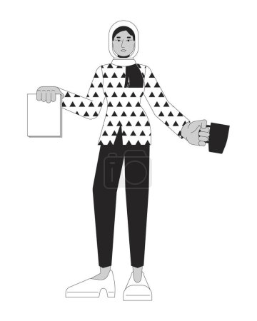 Ilustración de Mujer musulmana hiyab sosteniendo documentos, taza en blanco y negro personaje de dibujos animados 2D línea. Secretario sirviendo café aislado vector contorno persona. Mujer de negocios árabe ilustración plana monocromática - Imagen libre de derechos