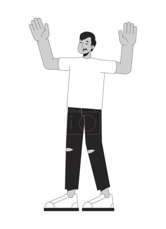 Illustration for Shocked frustrated indian man holding hands up black and white 2D line cartoon character. Wow astonished south asian guy isolated vector outline person. Scared monochromatic flat spot illustration - Royalty Free Image