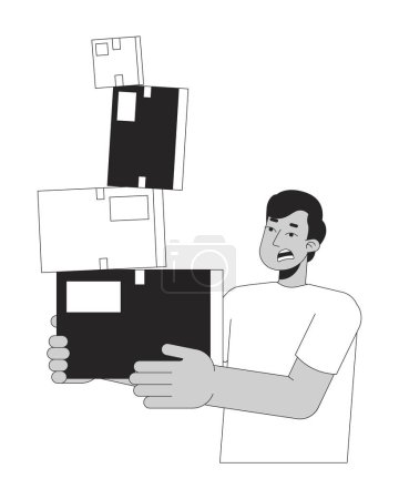 Illustration for Troubled indian guy carrying unsteady cardboard boxes black and white 2D line cartoon character. Parcels holding south asian man isolated vector outline person. Monochromatic flat spot illustration - Royalty Free Image