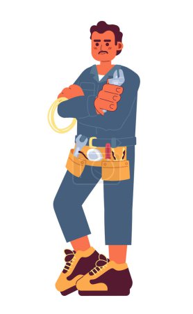 Illustration for Handyman tool belt cartoon flat illustration. Mustache hispanic repairman holding wrench 2D character isolated on white background. Construction worker. Mechanic auto repair scene vector color image - Royalty Free Image