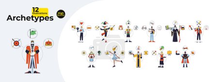 Ilustración de Archetipes psychology 2D linear illustration concept bundle (en inglés). Personajes de dibujos animados arquetípicos aislados en blanco. Modelos universales multiculturales personas abstracto plano vector contorno gráfico colección - Imagen libre de derechos