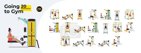 Illustration for Workout gym people line cartoon flat illustration bundle. Bodybuilding sports 2D lineart characters isolated on white background. Stretching. Bodybuilder machines vector color image collection - Royalty Free Image