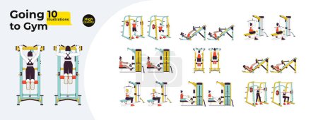 Illustration for Gym sports training line cartoon flat illustration bundle. Diverse sportswoman sportsman 2D lineart characters isolated on white background. Machines workout scenes vector color image collection - Royalty Free Image