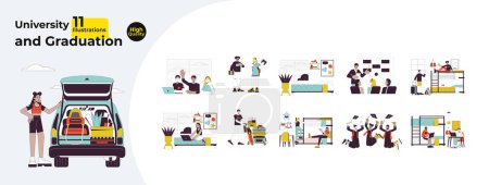 Illustration for University student college life line cartoon flat illustration bundle. Young adults 2D lineart characters isolated on white background. Graduation, dorm room scenes vector color image collection - Royalty Free Image