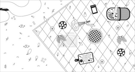 Illustration for Autumn picnic blanket countryside black and white lofi wallpaper. Harvest fruits desserts 2D outline overhead top view cartoon flat illustration. Flowers petals vector line lo fi aesthetic background - Royalty Free Image