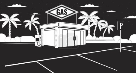 Illustration for Gas station convenience store nighttime black and white lofi wallpaper. Midnight petrol shop 2D outline cityscape cartoon flat illustration. Deserted night scene vector line lo fi aesthetic background - Royalty Free Image