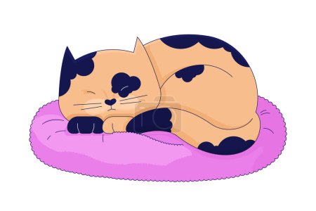 Illustration for Lazy spotted cat sleeping on pillow 2D linear cartoon character. Cute kitten isolated line vector animal white background. Comfortable pet. Adorable kitty laying down color flat spot illustration - Royalty Free Image