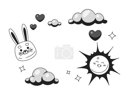 Illustration for Childish frame black and white 2D illustration concept. Baby shower decoration. Childhood border isolated cartoon outline scene. Dreamy clouds, cute bunny, smiling sun metaphor monochrome vector art - Royalty Free Image