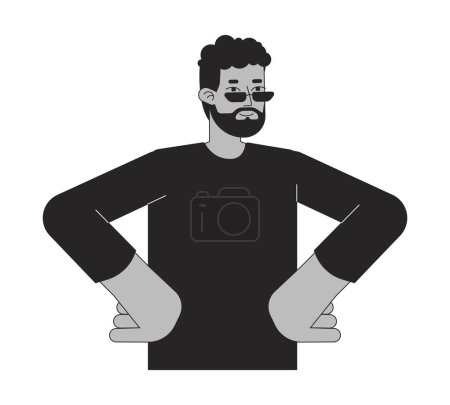 Illustration for African american guy akimbo standing black and white 2D line cartoon character. Bearded sunglasses man hands on hips pose isolated vector outline person. Confident monochromatic flat spot illustration - Royalty Free Image