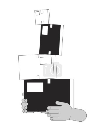 Illustration for Carrying unstable stacked boxes cartoon human hands outline illustration. Holding unsteady cardboard parcels 2D isolated black and white vector image. Challenge flat monochromatic drawing clip art - Royalty Free Image