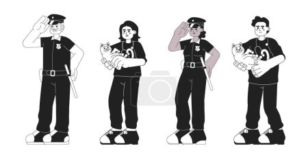 Illustration for Veterinarian police officer black and white cartoon flat illustration set. Diverse cop, vet cat linear 2D characters isolated. Medic, policeman policewoman monochromatic scene vector image collection - Royalty Free Image