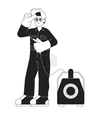 Illustration for Labour welder black and white cartoon flat illustration. Welding industrial worker male asian adult holding tool linear 2D character isolated. Welder steelworker monochromatic scene vector image - Royalty Free Image