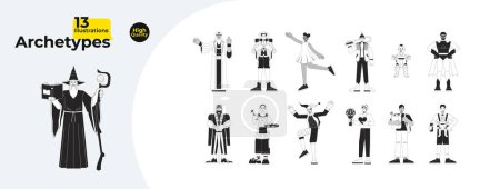 Illustration for Character archetypes black and white cartoon flat illustration bundle. Archetypal 2D lineart characters isolated. Collective unconscious behavior, experience monochrome vector outline image collection - Royalty Free Image