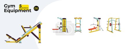 Illustration for Workout gym equipment 2D linear cartoon objects bundle. Seated cable row, lat pulldown, assisted pullup, power rack, leg press machines isolated line vector items. Color flat spot illustration set - Royalty Free Image