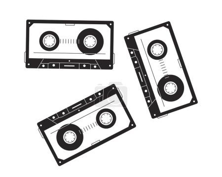 Illustration for Old cassette tapes black and white 2D line cartoon object. Vintage audiotapes isolated vector outline item. Retro audiocassette equipment. Plastic recording monochromatic flat spot illustration - Royalty Free Image