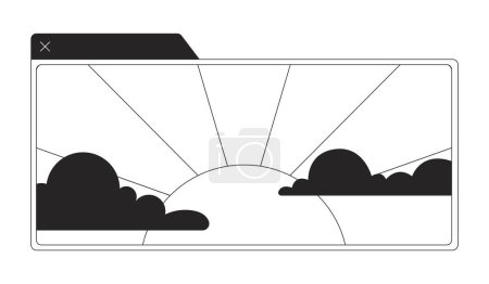 Illustration for Application window sunrise morning black and white 2D line cartoon object. Sunrays clouds player video isolated vector outline item. Golden hour sky media stream monochromatic flat spot illustration - Royalty Free Image