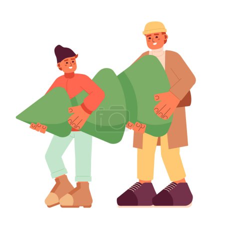 Illustration for Christmas tree shopping together cartoon flat illustration. Warm clothes caucasian father son carrying xmas tree 2D characters isolated on white background. Choosing fir scene vector color image - Royalty Free Image