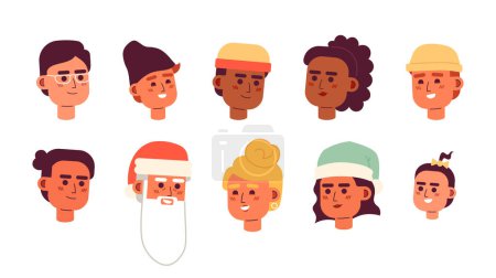 Illustration for Christmas celebrating 2D vector avatar illustration bundle. Festive xmas men, women cartoon character faces portraits collection. Diversity flat color user profile images isolated on white background - Royalty Free Image
