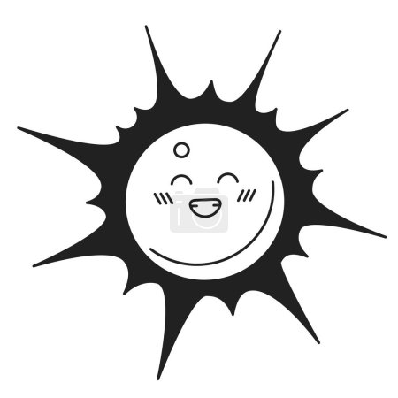 Téléchargez les illustrations : Tête de soleil souriante personnage de dessin animé 2D noir et blanc. Bonheur dents sourire soleil isolé vecteur silhouette personnage. Météo estivale. Illustration de taches plates monochromes souriantes et ensoleillées - en licence libre de droit