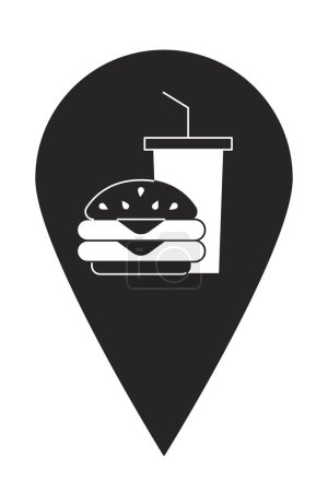 Illustration for Fast food restaurant map pinpoint black and white 2D line cartoon object. Fastfood building location mark isolated vector outline item. Hamburger stand pin mapping monochromatic flat spot illustration - Royalty Free Image