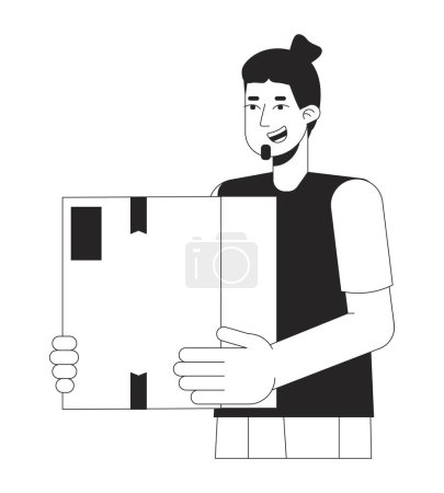Illustration for Excited caucasian guy holding cardboard box black and white 2D line cartoon character. European smiling man receiving package isolated vector outline person. Monochromatic flat spot illustration - Royalty Free Image