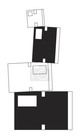 Téléchargez les illustrations : Empilement instable de boîtes en carton noir et blanc objet de dessin animé ligne 2D. Unstable colis empilés isolé vecteur contour article. Emballages d'agencement précaires Illustration monochromatique des taches plates - en licence libre de droit
