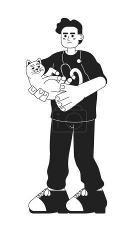 Illustration for Male veterinarian with cat black and white cartoon flat illustration. Clinic vet man arab holding kitty linear 2D character isolated. Doctor animal. Veterinary medic monochromatic scene vector image - Royalty Free Image