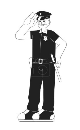 Illustration for Male police officer smiling black and white cartoon flat illustration. Caucasian adult policeman job linear 2D character isolated. Cop uniform. Enforcement law order monochromatic scene vector image - Royalty Free Image