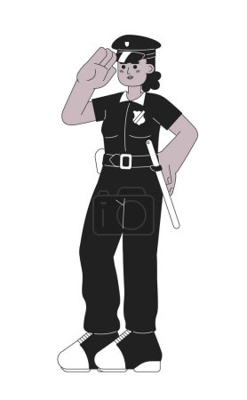Illustration for Police officer woman saluting black and white cartoon flat illustration. Detective policewoman african american linear 2D character isolated. Civil servant, female cop monochromatic scene vector image - Royalty Free Image