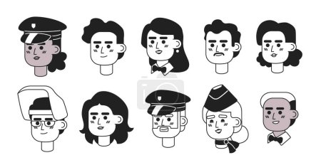 Illustration for Workers diverse black and white 2D vector avatars illustration set. Multicultural adult women, men outline cartoon character faces isolated. Jobs career flat user profile images, portraits bundle - Royalty Free Image