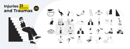 Illustration for Trauma injured people black and white cartoon flat illustration bundle. Pain women, hurt men sad diverse 2D lineart characters isolated. Accident victims monochrome vector outline image collection - Royalty Free Image