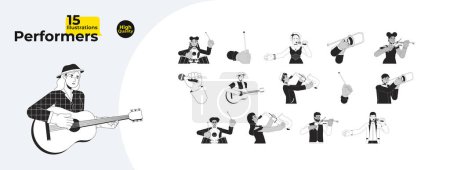 Illustration for Music performers black and white cartoon flat illustration bundle. Musician musical instrument playing 2D lineart characters isolated. Jazz classical concert monochrome vector outline image collection - Royalty Free Image