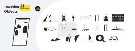 Illustration for Travelling black and white 2D line cartoon objects bundle. Leisure, baggage isolated vector outline items collection. Flight plane, water sports monochromatic flat spot illustration collection - Royalty Free Image