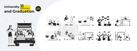 Illustration for University student college life black and white cartoon flat illustration bundle. Young adults 2D lineart characters isolated. Graduation, dorm room monochrome scenes vector outline image collection - Royalty Free Image